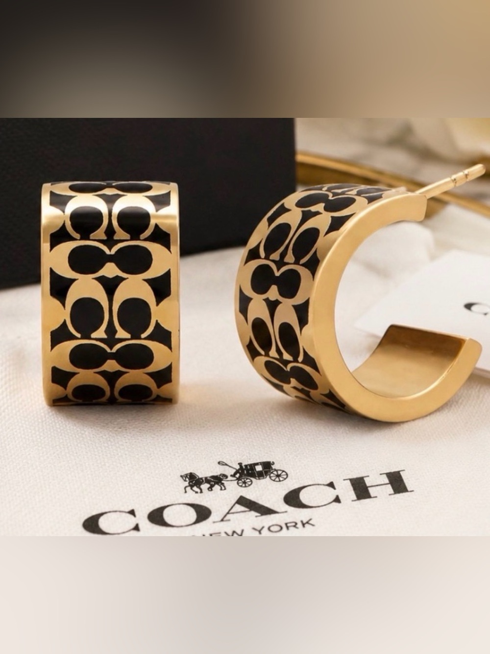 Coach Signature Enamel Huggie Earrings in Gold/ Black